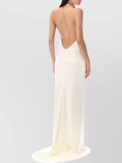 Ralph Lauren Train Halter V Neck Open Back Gown In Neutral