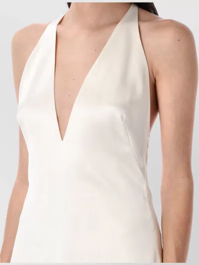 Ralph Lauren Train Halter V Neck Open Back Gown In Neutral