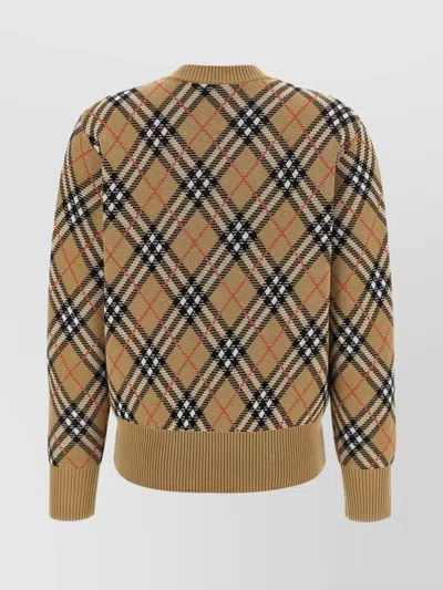 Burberry Beige Crewneck Sweater With Check Motif In Wool And Mohair Woman