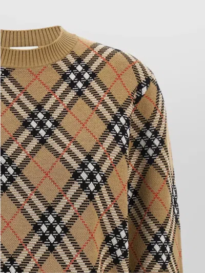 Burberry Beige Crewneck Sweater With Check Motif In Wool And Mohair Woman