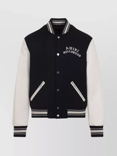 Amiri Tailored Black Wool Blend Varsity Jacket With Embroidered Details In Gray