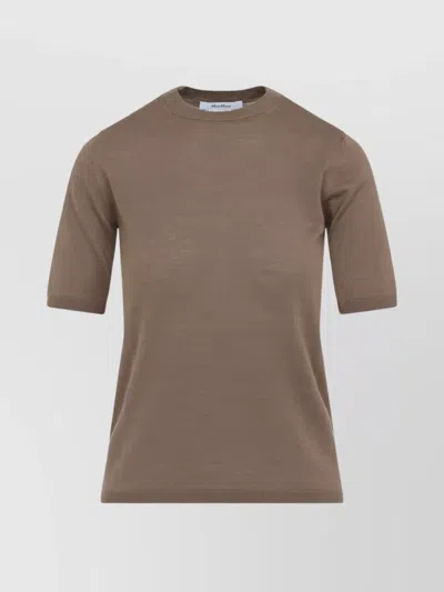 Max Mara Short-sleeve Virgin Wool Sweater With Classic Round Neckline In Brown