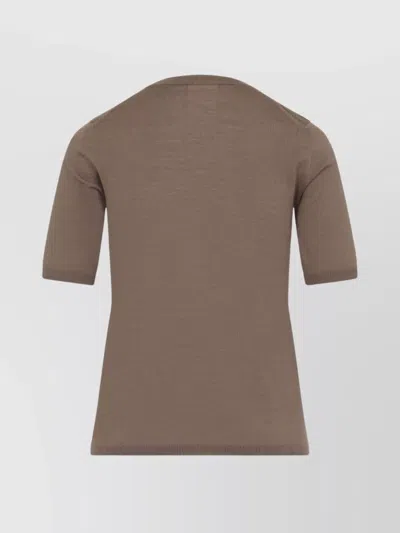Max Mara Short-sleeve Virgin Wool Sweater With Classic Round Neckline In Brown