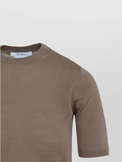 Max Mara Short-sleeve Virgin Wool Sweater With Classic Round Neckline In Brown
