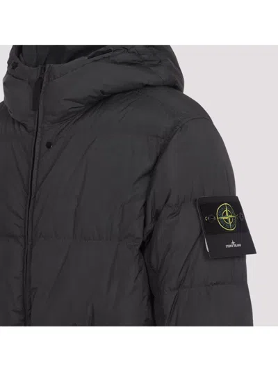 Stone Island Blue Down Jacket With Drawstring Hood And Logo Patch On The Sleeve In Tech Fabric Man In Black
