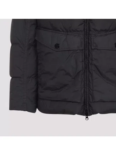 Stone Island Blue Down Jacket With Drawstring Hood And Logo Patch On The Sleeve In Tech Fabric Man In Black
