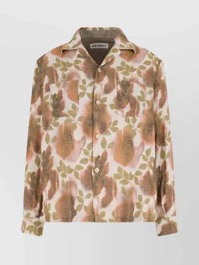 Our Legacy Heusen Oversized Convertible-collar Floral-print Linen Shirt In Brown