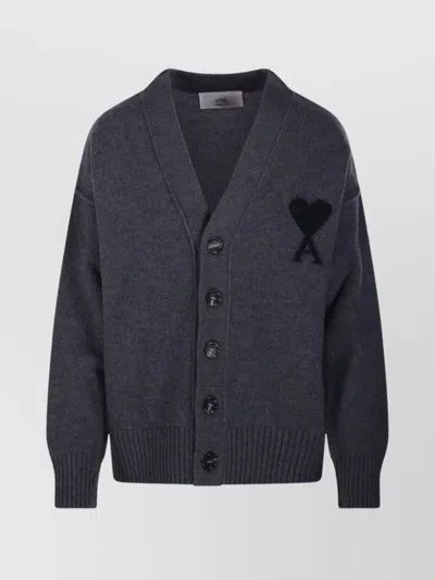 Ami Alexandre Mattiussi Adc V Neck Felted Merino Cardigan In Gray
