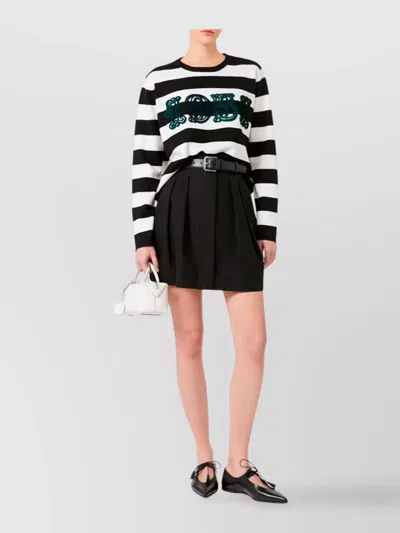 Max Mara Striped Cream Wool Sweater With Embroidered Logo Detail In Black