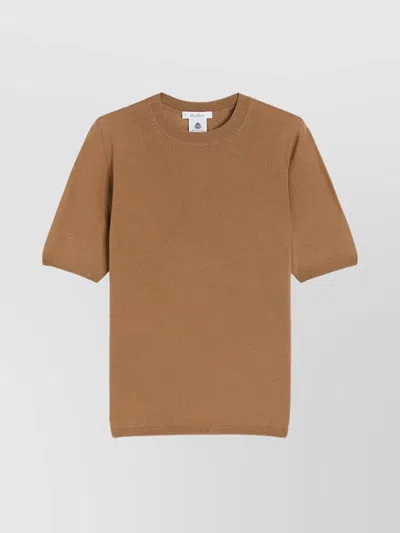 Max Mara Crew Neck Wool Sweater With Short Sleeves In Brown