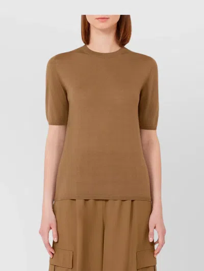 Max Mara Crew Neck Wool Sweater With Short Sleeves In Brown