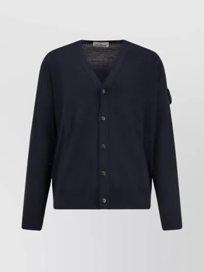 Stone Island Wool Cardigan With Ribbed Profiles And Pockets In Blue