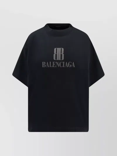 Balenciaga Faded Black T-shirt With Central Print And Wide Fit. In Black