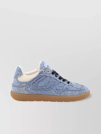 Ganni Low Top Denim Embroidered Sneakers Rubber Sole In Blue