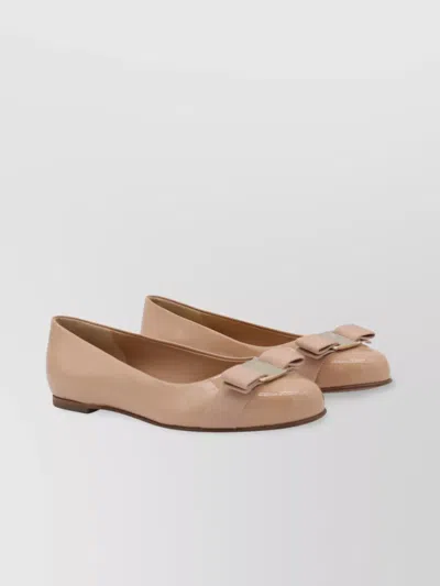 Ferragamo Round Toe Patent Finish Ballerina Shoes In Neutral