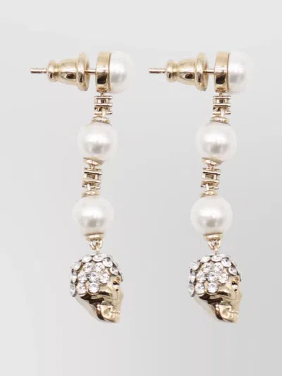 Alexander Mcqueen Dangling Pearl Skull Crystal Earrings In Gold