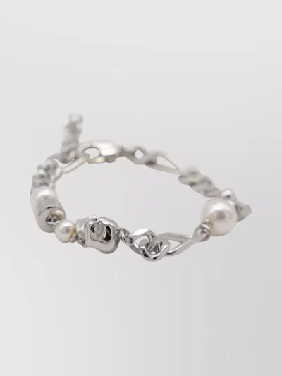 Alexander Mcqueen Link Chain Bracelets With Pearl And Skull In Metallic