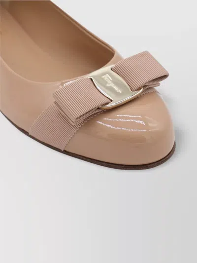 Ferragamo Round Toe Patent Finish Ballerina Shoes In Neutral