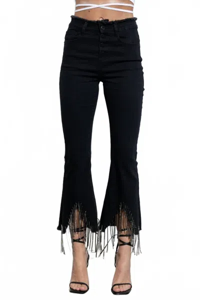 Blue B Rhinestone Fringe Denim Pants In Black In Black