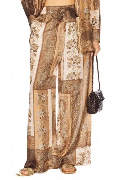 Zimmermann Lucky Brown Pants With Elastic Drawstring Waist And All-over Floral Print In Silk Woman In Brown