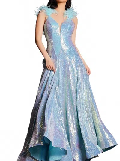 Jovani Feather Straps V-back Prom Gown In Iridescent Blue In Blue