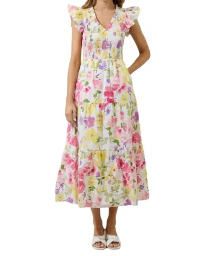 Sugarlips Leonie Floral Sunbre Tiered Blush Midi Dress In Yellow In Multi