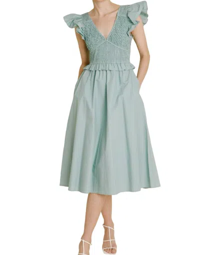 Aureum Robin Smocked Flutter Sleeve Midi Dress In Sage In Blue