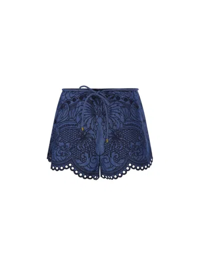 Zimmermann Coco Embroidered Denim Shorts With Scalloped Hemline In Blue