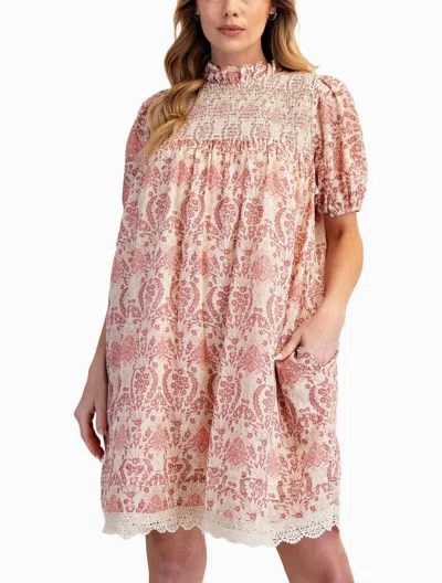 Easel Sienna Sky Puff Sleeve Dress In Boho Red In Pink