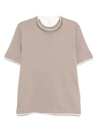 Brunello Cucinelli Men T-shirt With Faux-layering In Brown