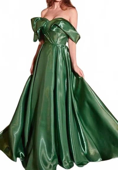 Ladivine Off Shoulder Pleated Prom Gown In Emerald