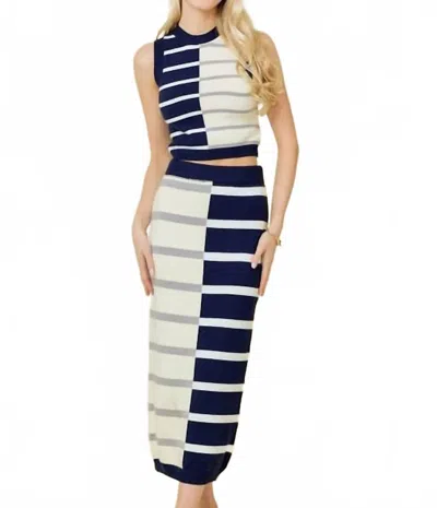 Main Strip Angela Sweater Skirt Set In Navy/cream In Blue