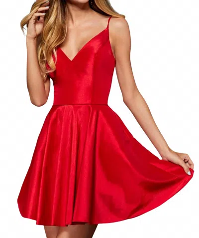 Sherri Hill Satin Cocktail Dress With V-neck Bodice In Red In Red