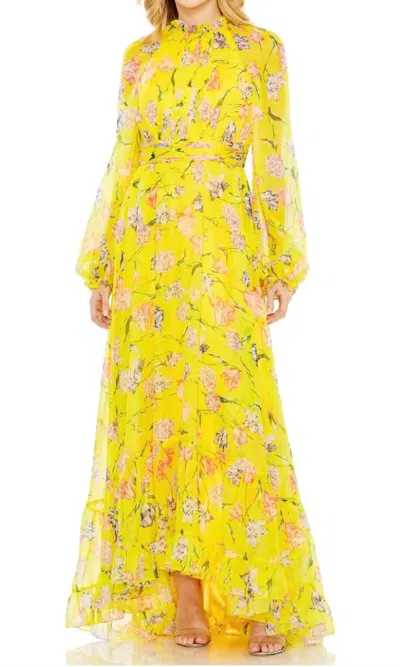 Mac Duggal Floral Print Chiffon Ruched Raglan Sleeve Gown In Yellow