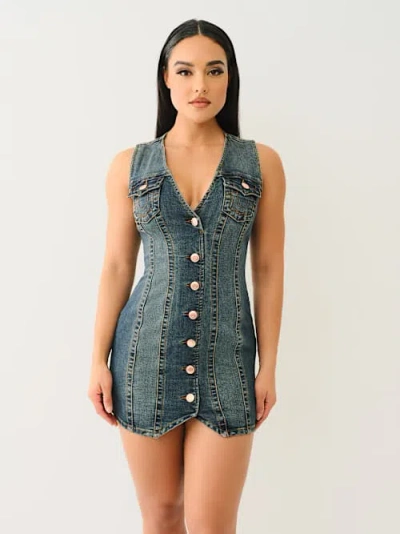 True Religion Women's Fitted Denim Vest Dress In Blue