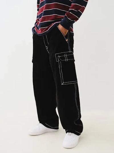 True Religion Embroidered Cotton Cargo Trousers In Black