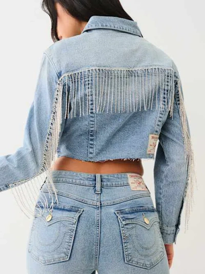 True Religion Women's Crystal Fringe Crop Denim Jacket