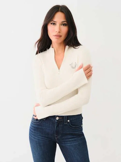 True Religion Rib Knit Quarter-zip Mock Neck Sweater In White