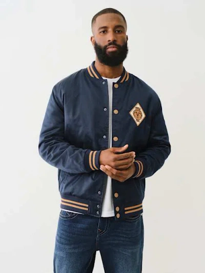 True Religion Satin Embroidered Bomber Jacket In Blue