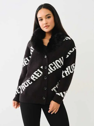True Religion Women's Faux Fur Collar Cardigan Sweater In Black