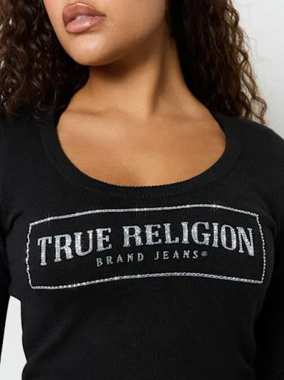 True Religion Women's Crystal Logo Scoop Neck Sweater