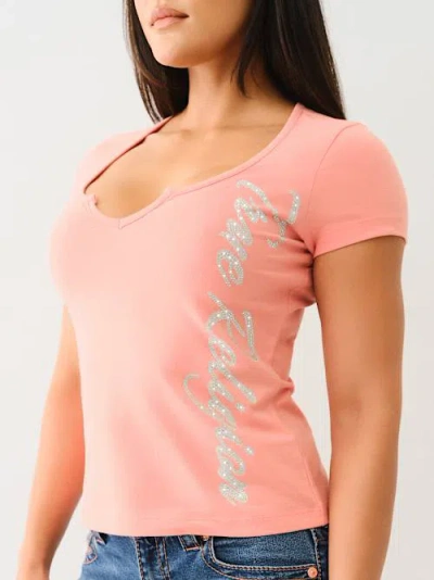 True Religion Women's Crystal  V Notch T-shirt In Pink