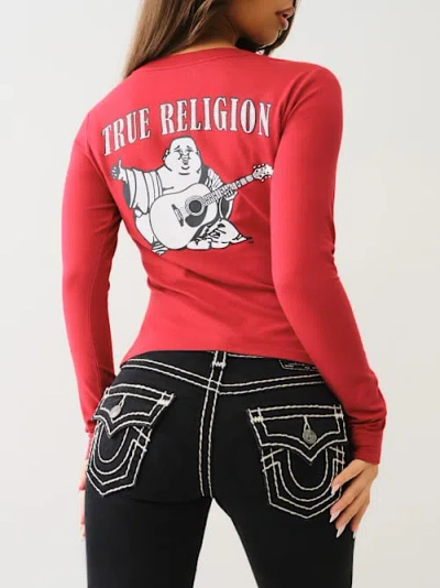 True Religion Women's Crystal Logo Long Sleeve V Neck T-shirt