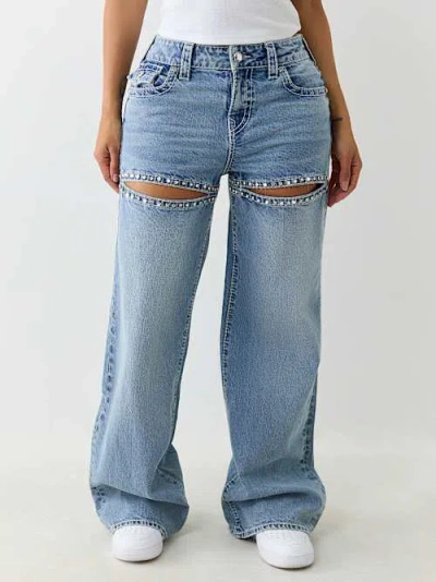 True Religion Bobbi Embellished Cutout Baggy Wide Leg Jeans In Blue