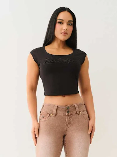True Religion Women's Lace Logo Scoop Neck Baby T-shirt In Black