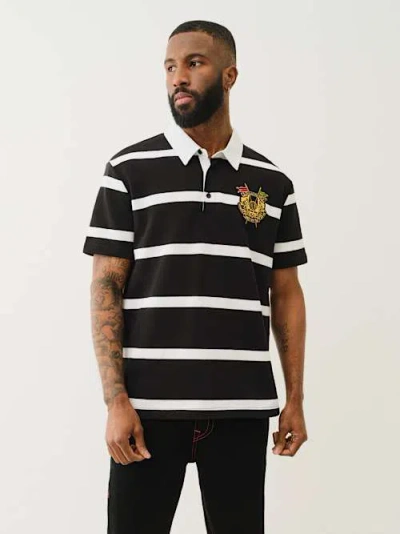 True Religion Men's Short Sleeve Striped Crest Polo Shirt In Black
