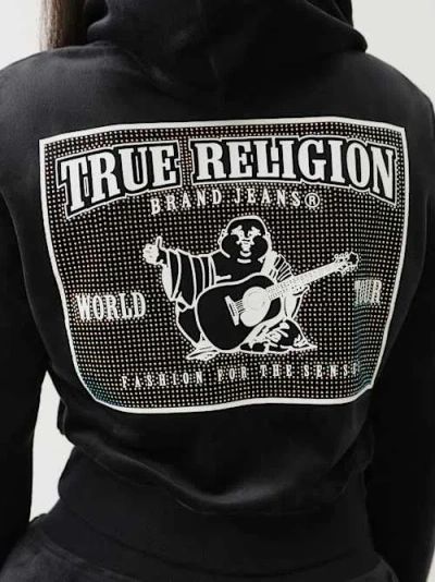 True Religion Women's Velour Crystal Shrunken Zip Hoodie