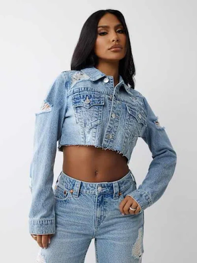 True Religion Women's Super Distressed Crop Denim Jacket In Blue