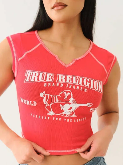 True Religion Contrast Stitch Crop Graphic T-shirt In Pink