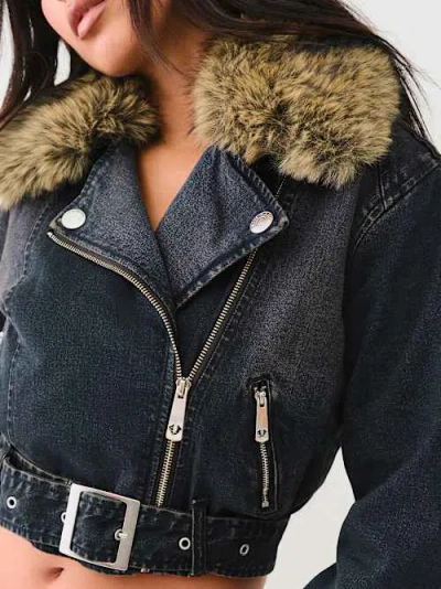 True Religion Women's Fur Trim Denim Moto Jacket In Black